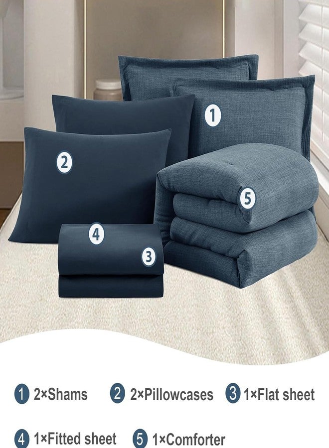 Geniospin Full Comforter Set - 7 Pieces Comforter Full Size, Solid Bedding Sets for All Season, Textured Bed in a Bag with Flat Sheet and Fitted Sheet, Pillowcases and Shams (Navy Blue, 80''x90'') - Image 5