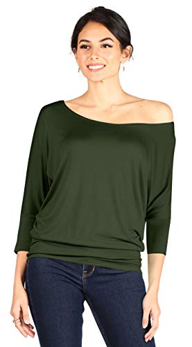Simlu Olive Round Neck Top for Women - 3/4 Sleeve Green Top (Size Medium) - Image 2