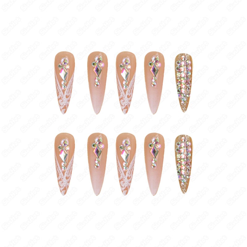 SINHOT Stiletto Press on Nails Long Fake Nails Glossy Glue on Nails Luxury Rhinestones Acrylic Nail White Bling Glitter Almond Artificial Nail Stick on False Nail with Design 24pcs - Image 5