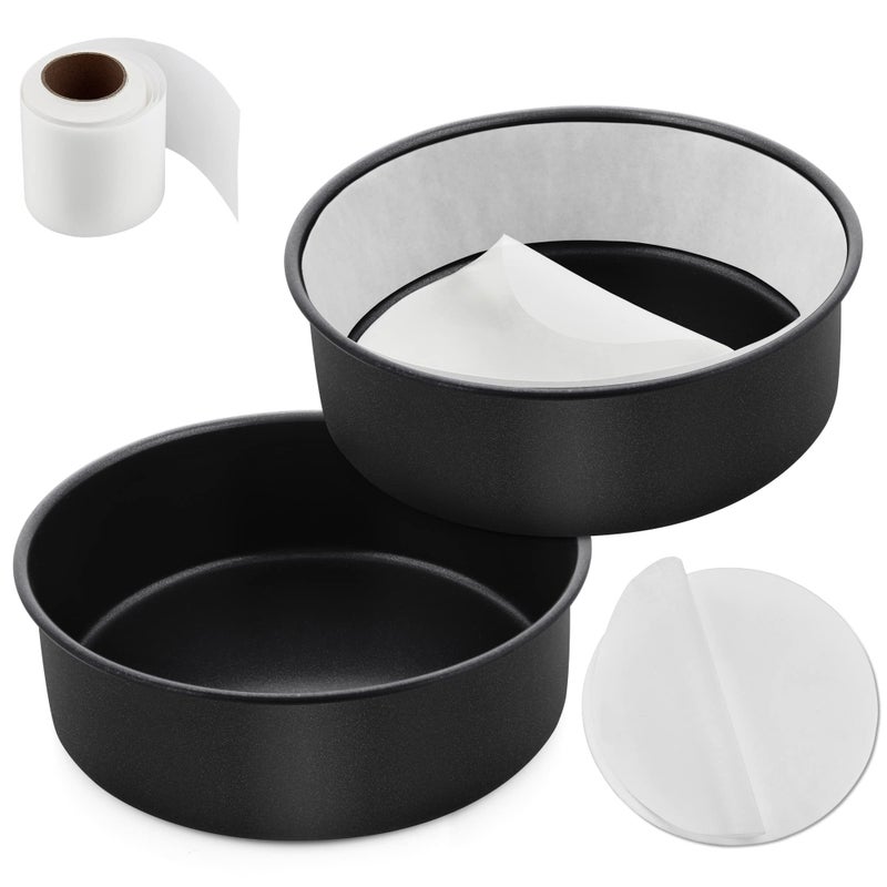 Efar 6 Inch Cake Pans Set of 2 Nonstick Stainless Steel Small Round Baking Pans with Parchment Paper  Side Liner Roll Stainless Steel Core  Nontoxic Coating Straight Side  2 Inch Deep