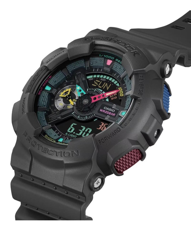 كاسيو ساعة كاسيو G-Shock GA-110MF-1A الرياضية للرجال، علبة سوداء مطفية وقرص ألوان النيون المتعددة، عرض تناظري ورقمي مزدوج، حزام راتنج مقاوم للصدمات، ساعة متعددة الوظائف - Image 2