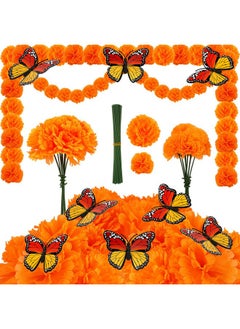 HOWAF HOWAF 50pcs Day of The Dead Decorations Set, 40pcs Orange Marigold Flower with Stems and for Dia De Los Muertos Diwali Indian Home Decor Party Decorations  - Image 1