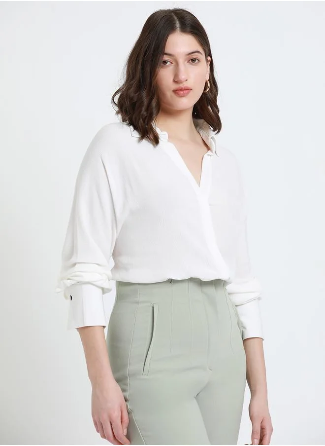 دينيس لينغو White Relaxed Fit Shirt for Women - Viscose Crepe, Full Sleeves, Shirt Collar, Solid, Casual,