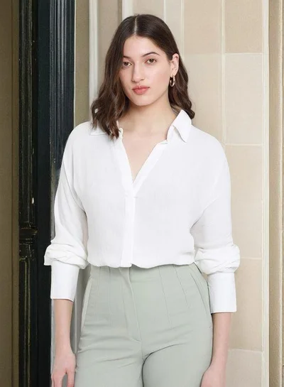 Dennis Lingo White Relaxed Fit Shirt for Women - Viscose Crepe, Full Sleeves, Shirt Collar, Solid, Casual,