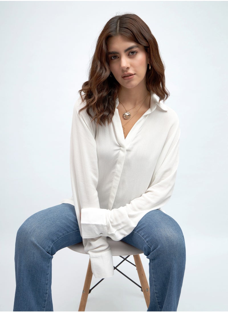 Dennis Lingo - White Relaxed Fit Shirt for Women - Viscose Crepe, Full Sleeves, Shirt Collar, Solid, Casual, - Image 1