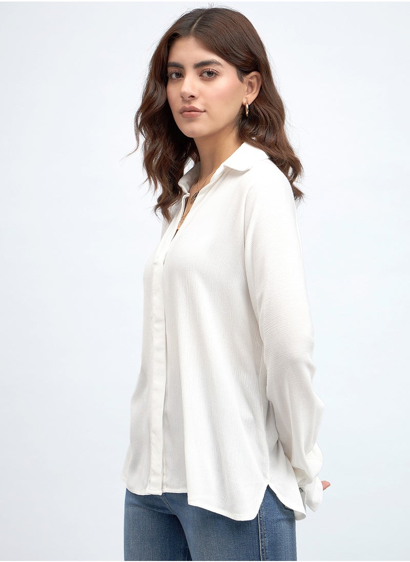 Dennis Lingo - White Relaxed Fit Shirt for Women - Viscose Crepe, Full Sleeves, Shirt Collar, Solid, Casual, - Image 1
