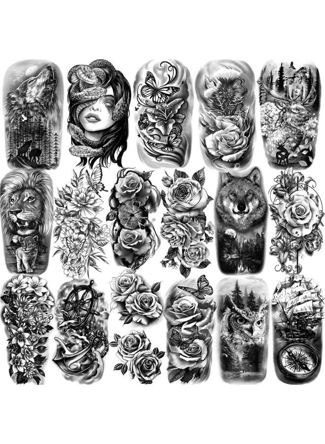 atydkug 77 Sheets Temporary Tattoo for Men and Women, 17 Sheets Half Arm Chest Shoulder Fake Tattoos, 60 sheets Tiny Black for Adults, Waterproof Realistic Tattoos Long-Lasting  - Image 1