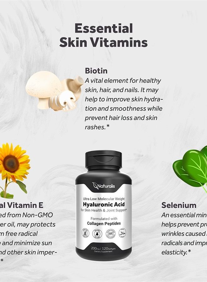 Naturalis Hyaluronic Acid 200mg, 10x Better Absorption Ultra Low Molecular Weight with Collagen, Biotin, Selenium & Vitamin E | Hair, Skin, Nails & Joint Supplements | 120 Softgels - Image 1