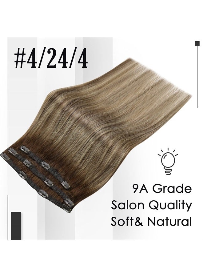 Clip in Hair Extensions Human Hair 60Gram 3Pcs Lace Clip in Human Hair 16Inch Ombre Brown Fading to Blonde Highlight Double Weft Straight Hair Extensions for Women