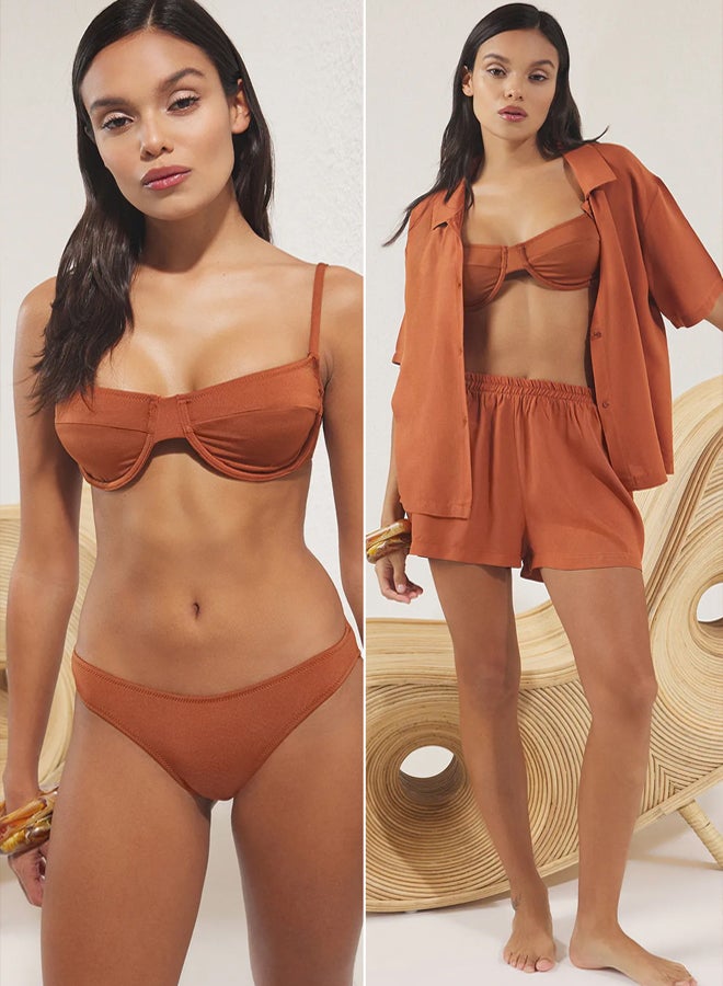 trendyol Brown Bikini Set Shirt Shorts Piece Beachwear Set - Image 1