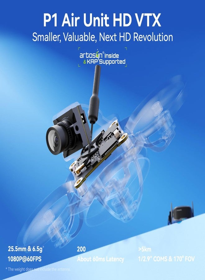 بيتافبف وحدة إرسال فيديو عالية الدقة BETAFPV P1 Air Unit HD بدقة 1080 بكسل/60 إطارًا في الثانية، زمن استجابة منخفض 60 مللي ثانية، مدى أقصى 5 كيلومترات، مستشعر CMOS 1/2.9 بوصة، مجال رؤية 170 درجة، وزن خفيف للغاية، تدعم التوصيل والتشغيل مع FC/USB لتصميم طائرة Cine Whoop سينمائية عالية الدقة أحادية الخلية مثل Meteor75 Pro - Image 2