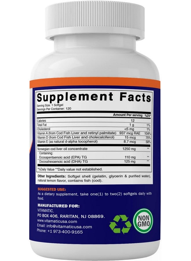 Vitamatic 2 Pack Norwegian Cod Liver Oil 1250mg Total 240 Softgels (Lemon Flavor) - Promotes Cardiovascular Health - Image 3