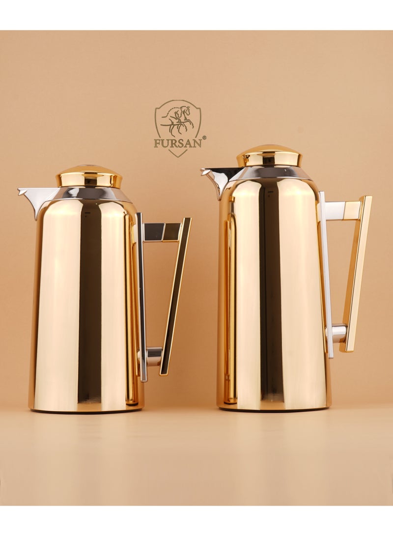FURSAN Arabic Vacuum Flask Set, 1.0L & 0.7L, Golden Metal Body, for Coffee and Tea