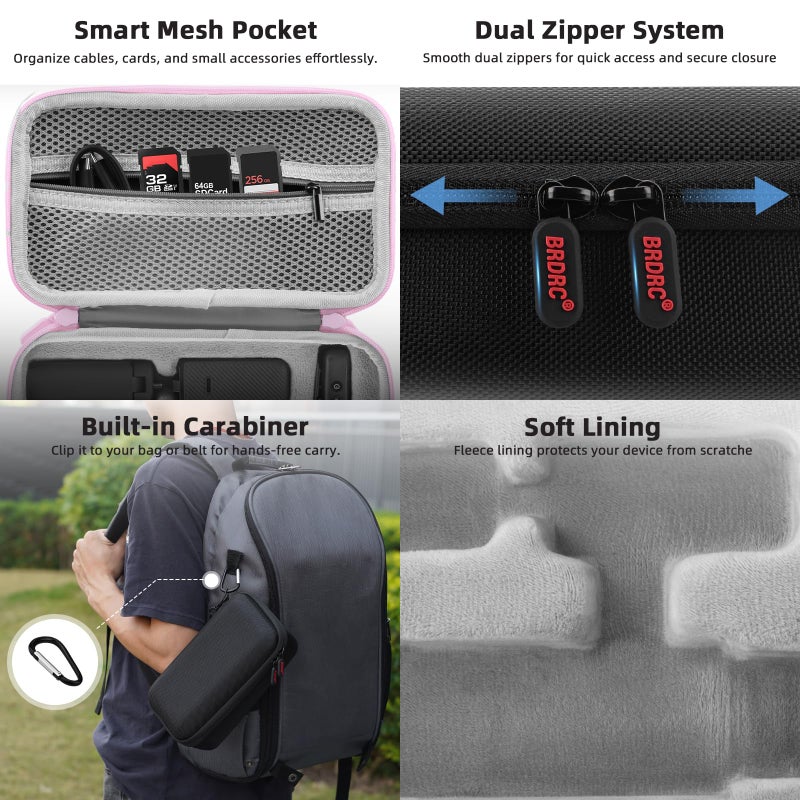 BRDRC Osmo Pocket 3 Case, For Xtra Muse Portable Carrying Bag Protective Hard Storage Bag for DJI Osmo Pocket 3 Creator Combo/Xtra Muse Camera Accessories with Wrist and Carabiner (Pink) - Image 4