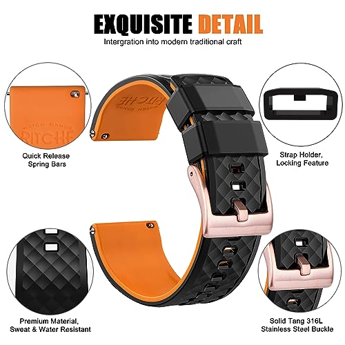 Ritche Christmas Gift 24mm Silicone Watch Band Quick Release Rubber Watch Bands for Men Women Black Top Pumpkin Orange Bottom Rose Gold Buckle White Elephant Gifts Stocking Stuffers for Men - Image 3
