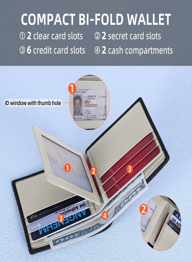 VISOUL Mens Carbon Fiber Leather Bifold Wallet with 2 ID Windows, RFID Blocking Wallet with 2 Money Compartments, Stylish Two-tone Back Pocket Wallet for Men (Black+Light Gray) - Image 3