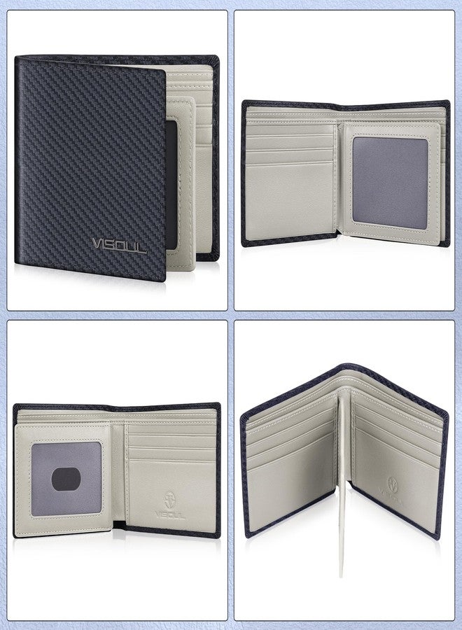 VISOUL Mens Carbon Fiber Leather Bifold Wallet with 2 ID Windows, RFID Blocking Wallet with 2 Money Compartments, Stylish Two-tone Back Pocket Wallet for Men (Black+Light Gray) - Image 2
