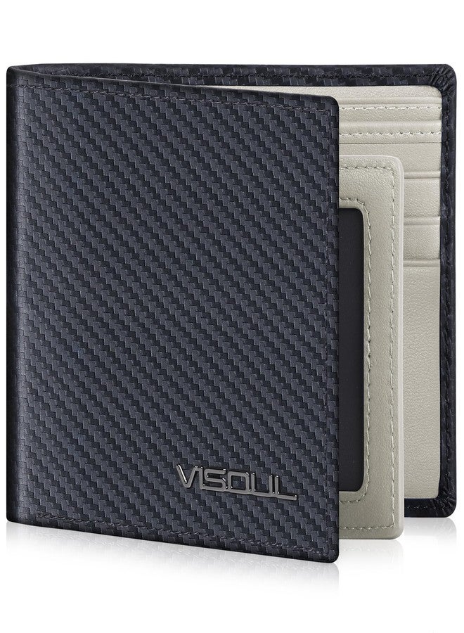 VISOUL Mens Carbon Fiber Leather Bifold Wallet with 2 ID Windows, RFID Blocking Wallet with 2 Money Compartments, Stylish Two-tone Back Pocket Wallet for Men (Black+Light Gray) - Image 1