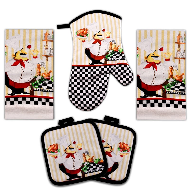 Lobyn Value Packs  Charming 5 Piece Kitchen Towel Set Chubby Uniformed Chef Design includes 2 Decorative Dish Towels 25x15 1 Oven Mitt and 2 Potholders 65 Sq