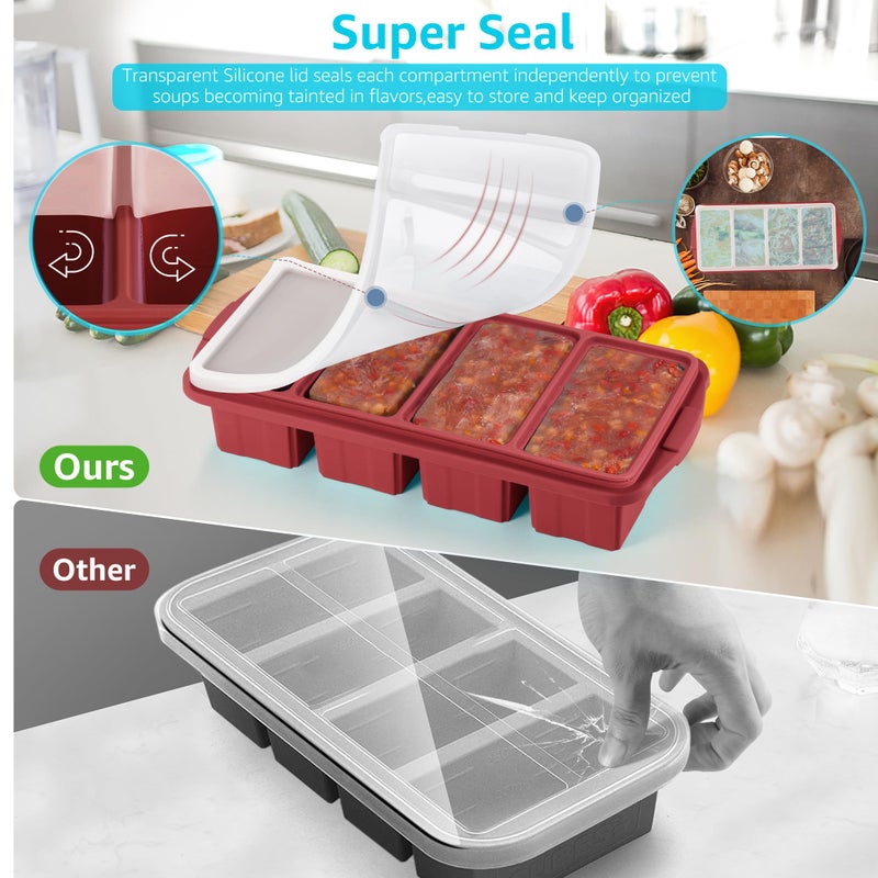 Ztomine Silicone Freezer Tray With Lid - Silicone Freezer Food Molds- Large Ice Cube Tray,Silicone Freezer Container,Freeze & Store Soup, Sauce, Broth,Leftovers - Makes 4 Perfect 1 Cup - Image 5