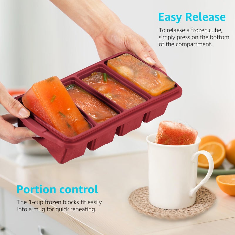 Ztomine Silicone Freezer Tray With Lid - Silicone Freezer Food Molds- Large Ice Cube Tray,Silicone Freezer Container,Freeze & Store Soup, Sauce, Broth,Leftovers - Makes 4 Perfect 1 Cup - Image 2