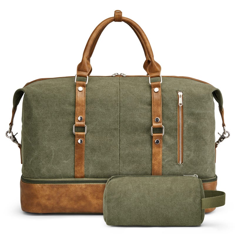 S-ZONE Weekender Bag for Men Canvas Duffle Large Weekend Overnight Travel Carry On Tote Bag with Shoe Compartment (Army Green) - Image 1