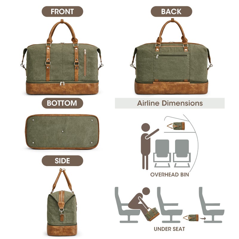 S-ZONE Weekender Bag for Men Canvas Duffle Large Weekend Overnight Travel Carry On Tote Bag with Shoe Compartment (Army Green) - Image 3
