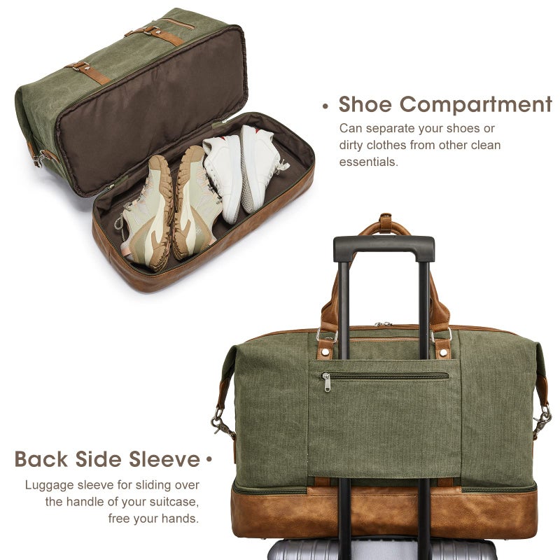S-ZONE Weekender Bag for Men Canvas Duffle Large Weekend Overnight Travel Carry On Tote Bag with Shoe Compartment (Army Green) - Image 4