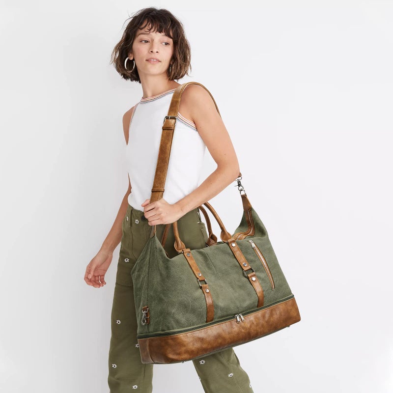 S-ZONE Weekender Bag for Men Canvas Duffle Large Weekend Overnight Travel Carry On Tote Bag with Shoe Compartment (Army Green) - Image 2