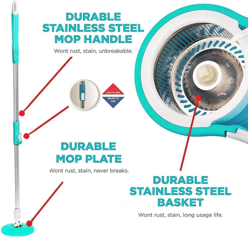 sulfar Spin Mop Bucket 360 Degree Cleaning with Stainless Steel Wringer, 2 Refills Spin Mop Plastic Basket (Blue) - Small - Image 4
