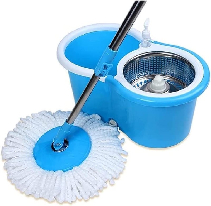 sulfar Spin Mop Bucket 360 Degree Cleaning with Stainless Steel Wringer, 2 Refills Spin Mop Plastic Basket (Blue) - Small - Image 1