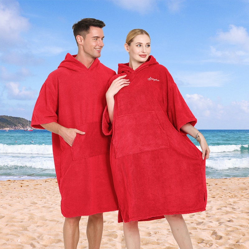 Solid Color Beach Towel Plus Large Wearable Bath Towel Bathroom Outdoor High And Low Wool Hooded Bath Towel Bathrobe - Image 2
