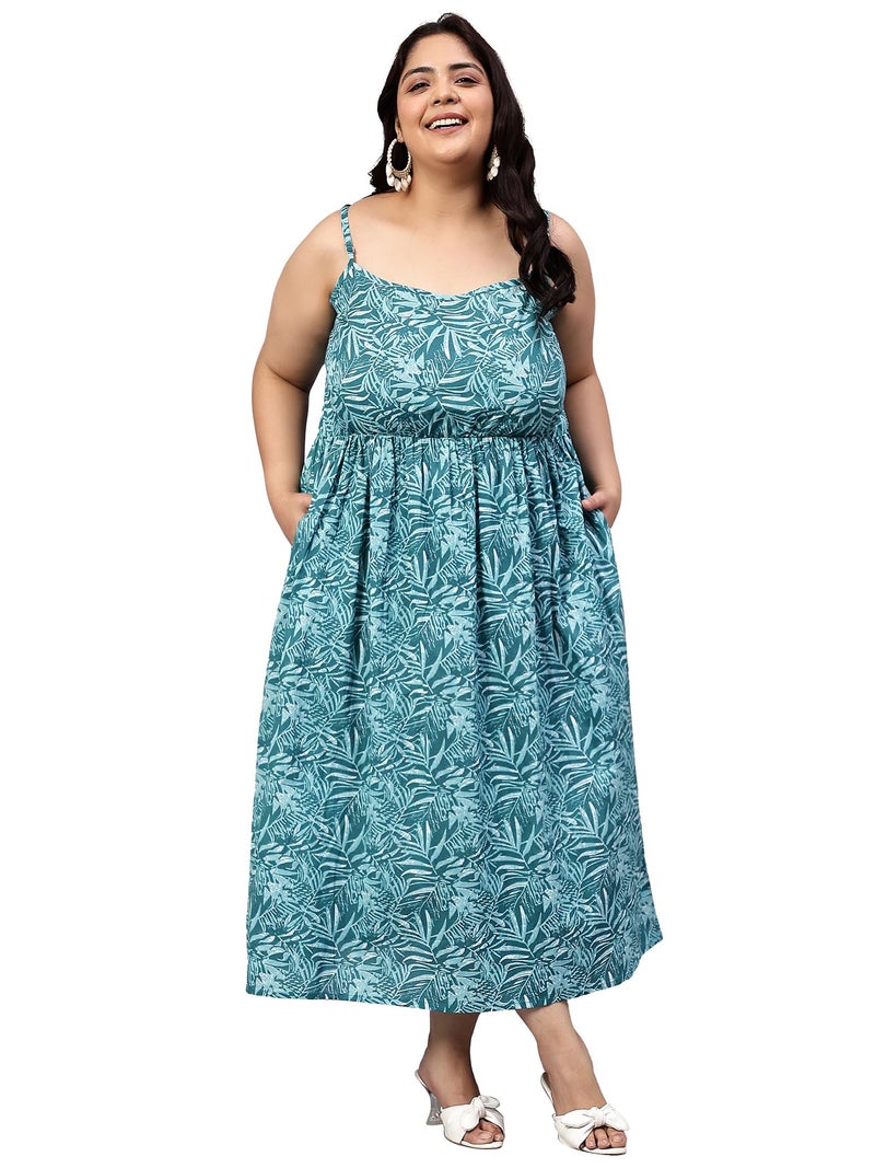 Indietoga Women's Plus Size Printed Pure Cotton Strap Dress (P10001514_Sea Green Leaf_5XL) - Image 1