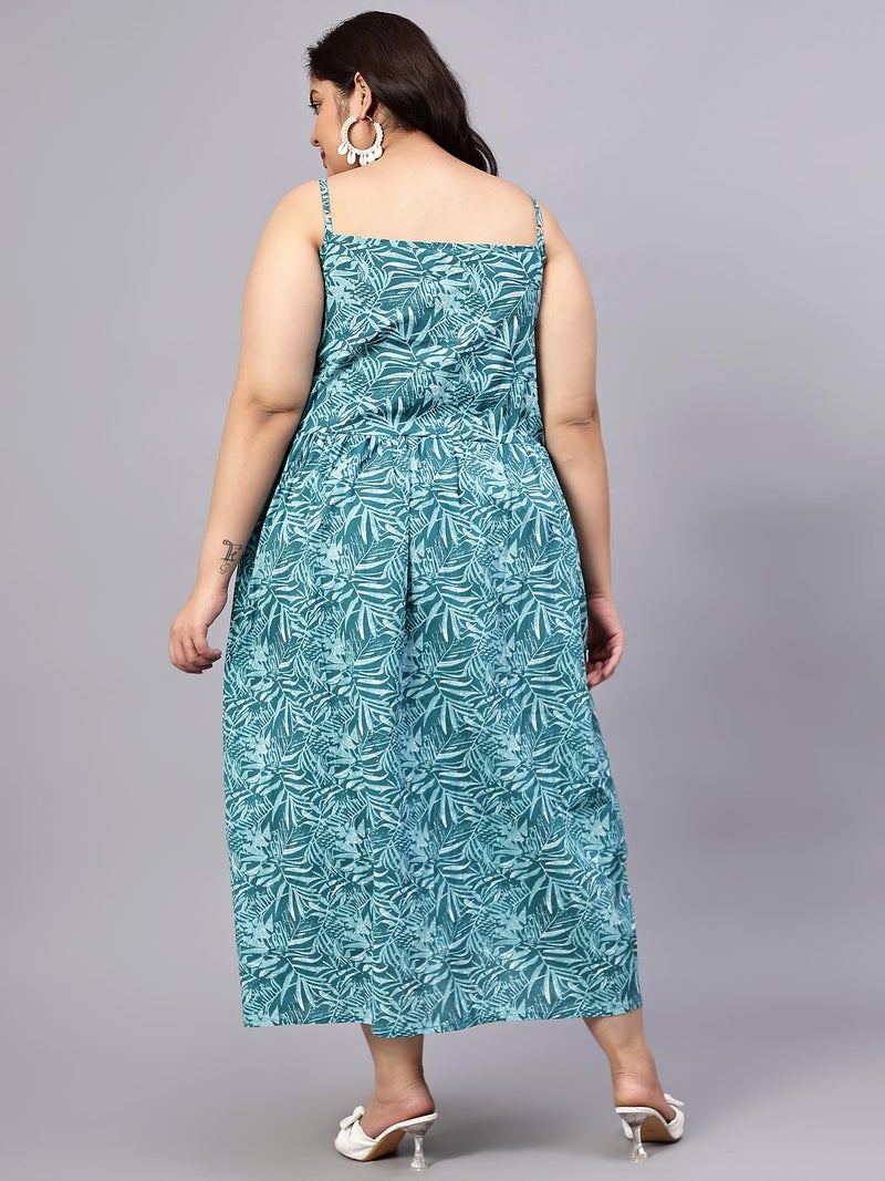 Indietoga Women's Plus Size Printed Pure Cotton Strap Dress (P10001514_Sea Green Leaf_5XL) - Image 4