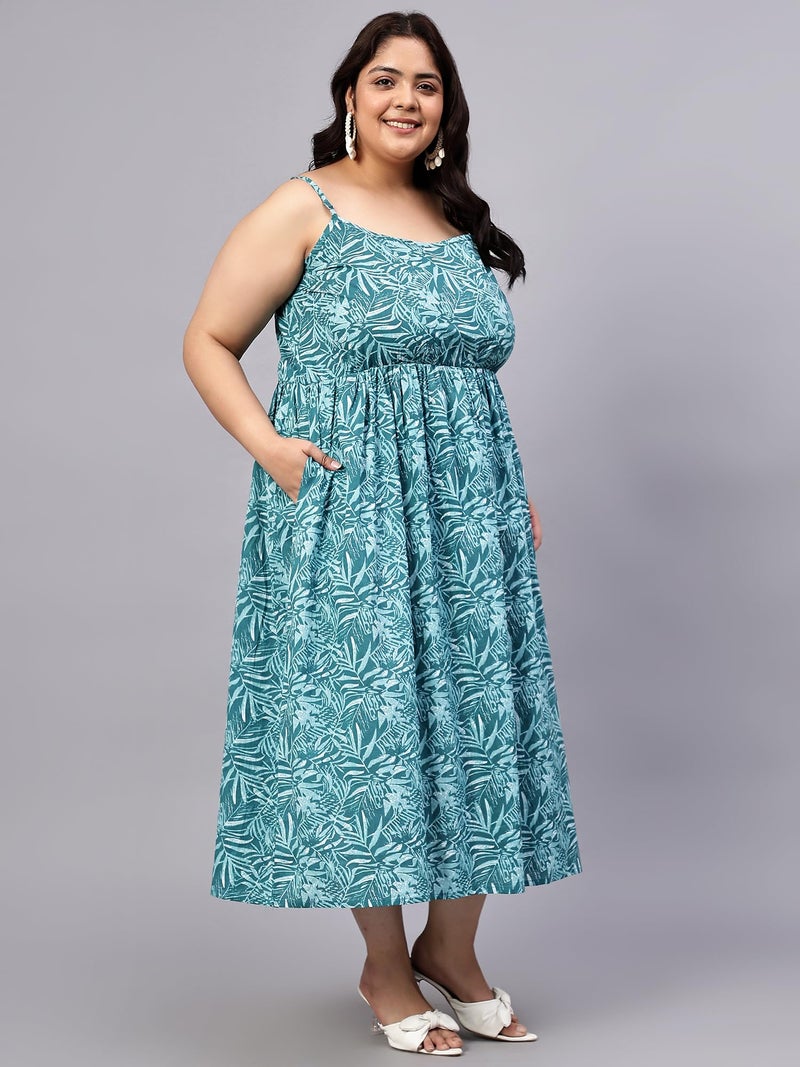 Indietoga Women's Plus Size Printed Pure Cotton Strap Dress (P10001514_Sea Green Leaf_5XL) - Image 5