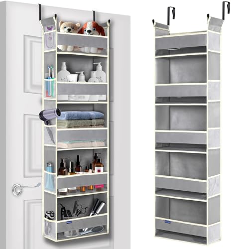 roomtalk Over The Door Organizer 5-Shelves and 10 Side Pockets, Over The Door Storage for Bathroom Bedroom Nursery, Hanging Door Organizer for Baby Diapers and Kids Toys (13"x5"x44", Grey) - Image 1