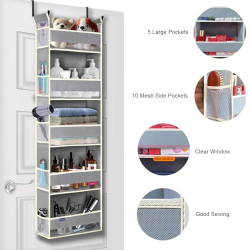 roomtalk Over The Door Organizer 5-Shelves and 10 Side Pockets, Over The Door Storage for Bathroom Bedroom Nursery, Hanging Door Organizer for Baby Diapers and Kids Toys (13"x5"x44", Grey) - Image 3