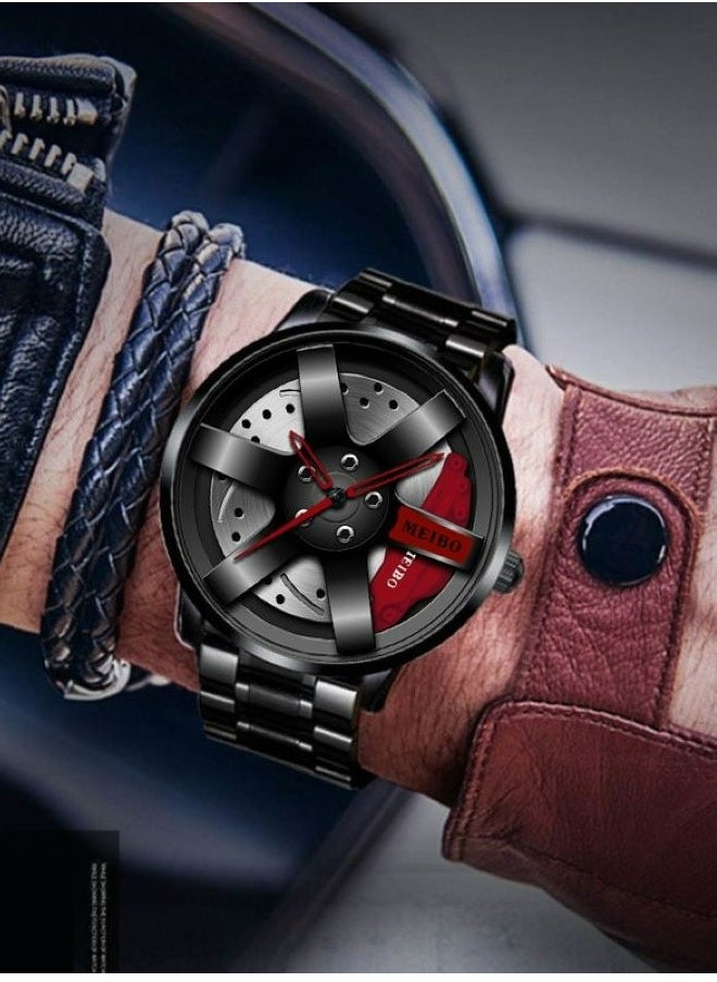 MEIBO - Car Wheel Watch Stainless Steel Watch with Quartz Movement Waterproof Sports Wrist Watch with Rim Hub Design for Men/Car Enthusiasts - Image 1