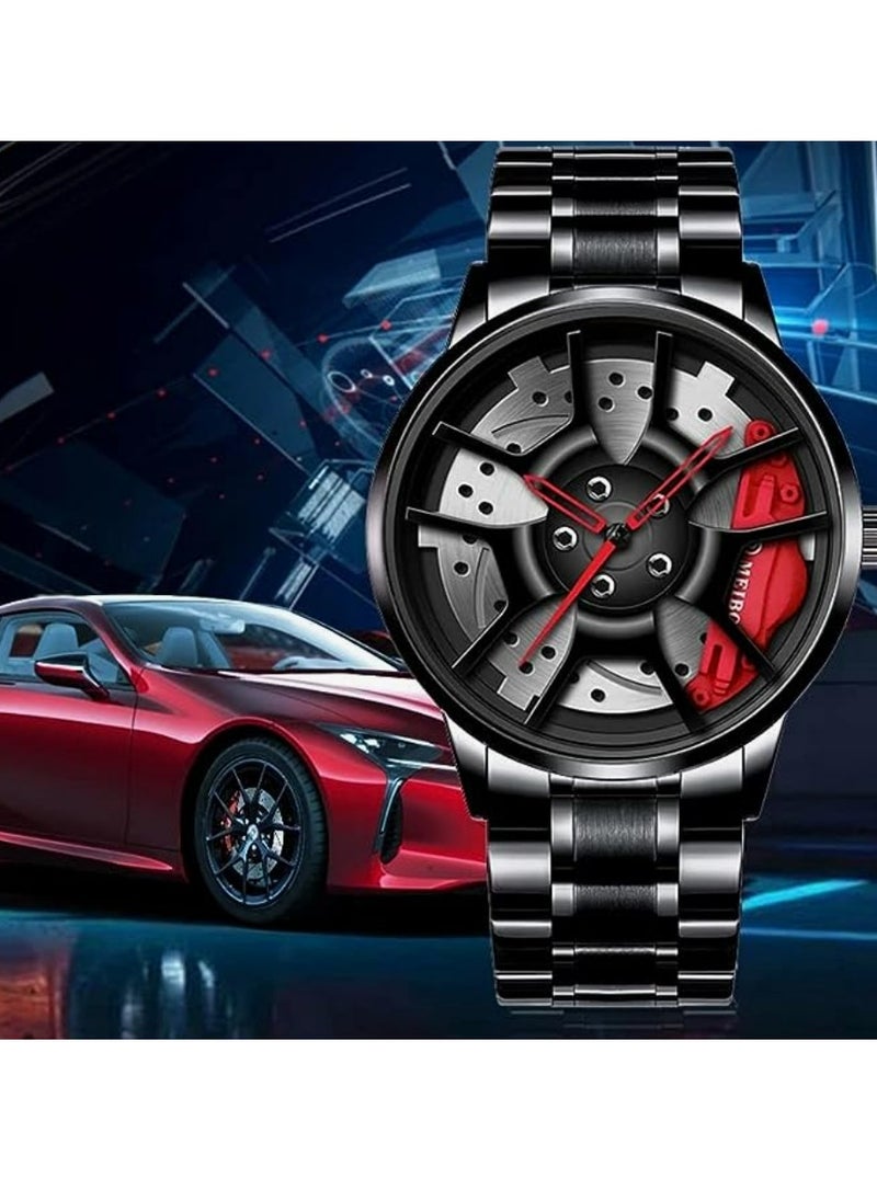 MEIBO - Car Wheel Watch Stainless Steel Watch with Quartz Movement Waterproof Sports Wrist Watch with Rim Hub Design for Men/Car Enthusiasts - Image 1