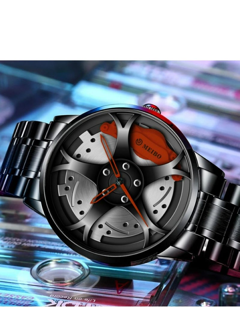 MEIBO - Car Wheel Watch Stainless Steel Watch with Quartz Movement Waterproof Sports Wrist Watch with Rim Hub Design for Men/Car Enthusiasts - Image 1
