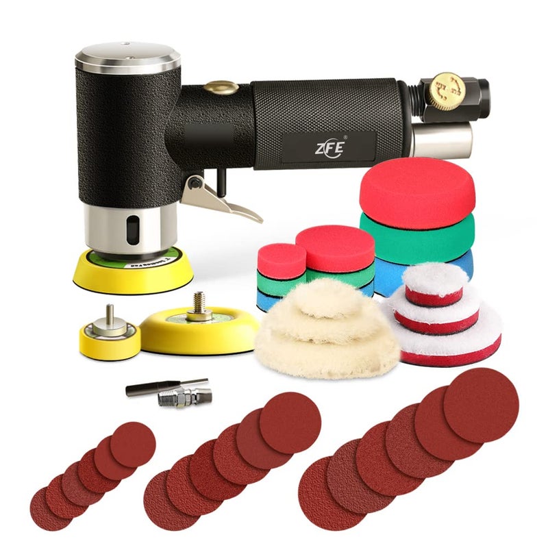 ZFE 1/2/3 Inch Random Orbital Air Sander, Mini Pneumatic Sander for Auto Body Work, High Speed Air Powered Polisher with 15 Polishing Buffing Pads,18 Sandpapers - Image 1