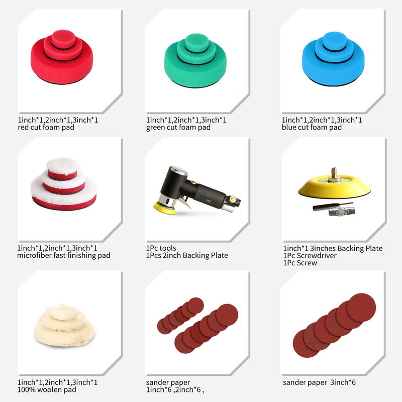 ZFE 1/2/3 Inch Random Orbital Air Sander, Mini Pneumatic Sander for Auto Body Work, High Speed Air Powered Polisher with 15 Polishing Buffing Pads,18 Sandpapers - Image 2