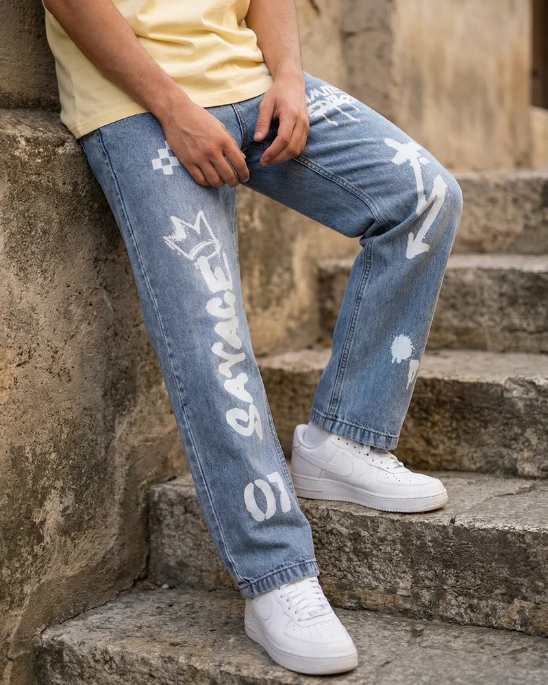 bewakoof Men's Blue Typography Washed Straight Fit Jeans