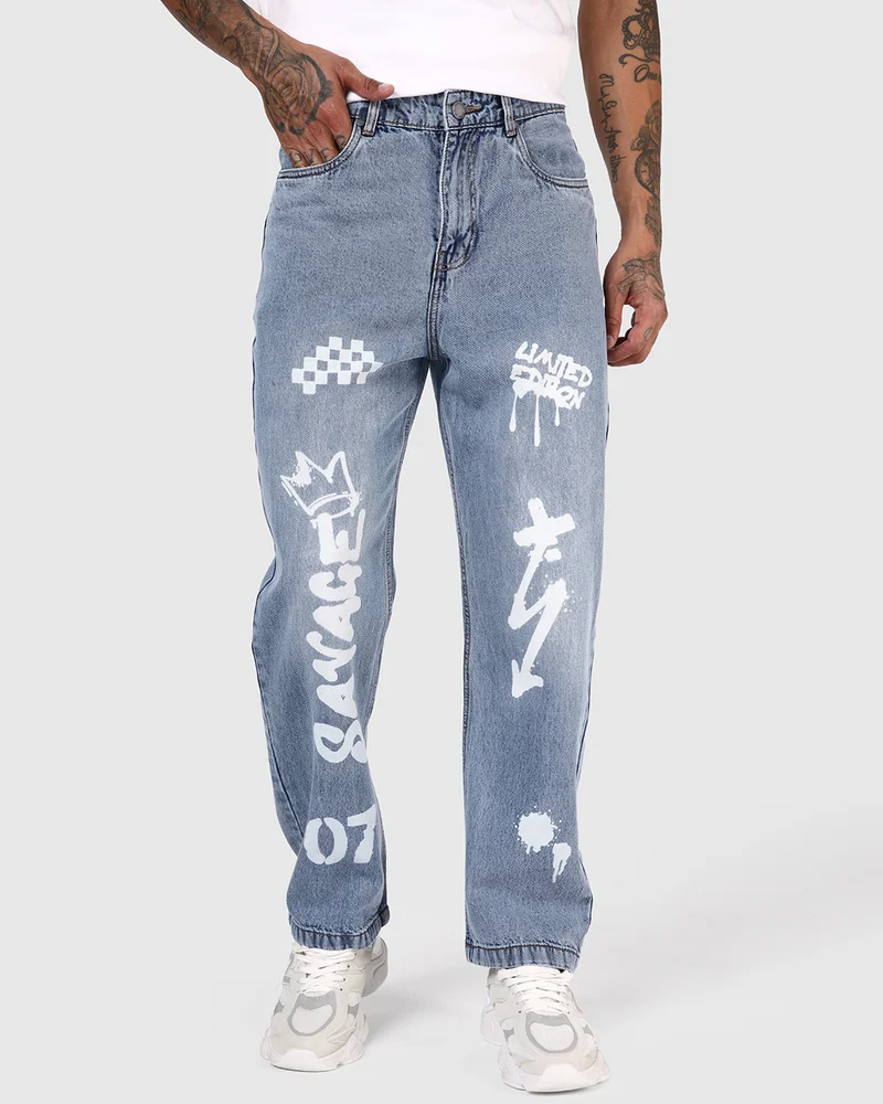 bewakoof Men's Blue Typography Washed Straight Fit Jeans