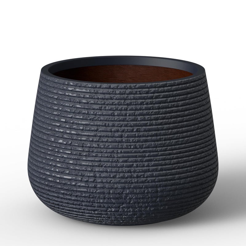 Kante 18.1" Dia Round Fluted Planter, Charcoal Finish with Painted Interior