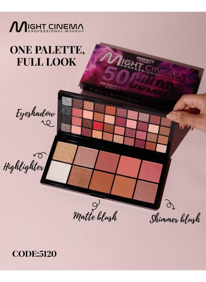 مايت سينما لوحة مايت سينما الجديدة... أساس مكياجكِ الشامل  تحتوي على 50 لونًا من:  ظلال عيون مطفية ولامعة  أحمر خدود مطفي ولامع بألوان ناعمة  هايلايتر لإشراقة طبيعية - Image 1