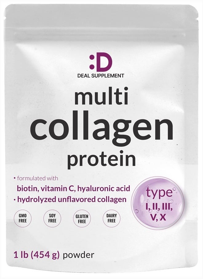 DEAL SUPPLEMENT Multi Collagen Protein Powder,1Lb - Type I, II, III, V, X Collagen Peptides with Biotin 10000mcg, Vitamin C & Hyaluronic Acid - Unflavored - Keto & Paleo Friendly, Great for Hair, Skin, Nails & Joints  - Image 1