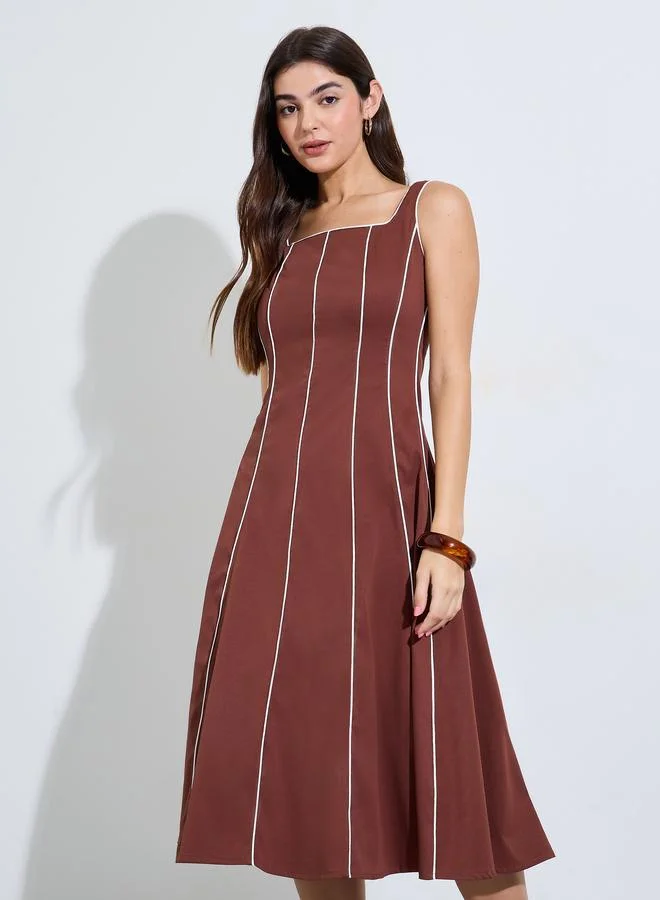 ستايلي Brown Piping Detail Square Neck A-Line Midi Dress
