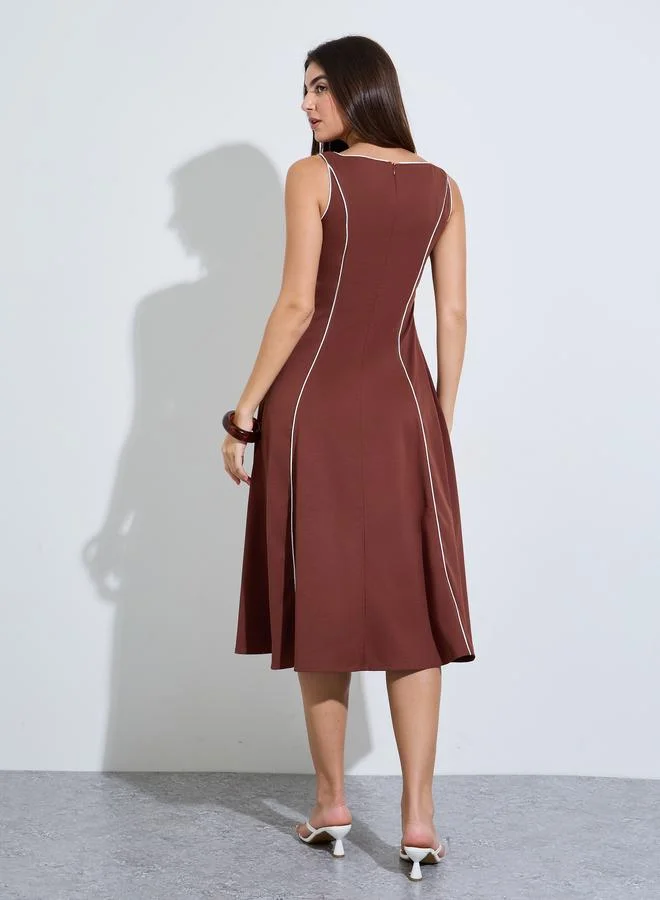 Styli  Brown Piping Detail Square Neck A-Line Midi Dress for Women | Best Price UAE