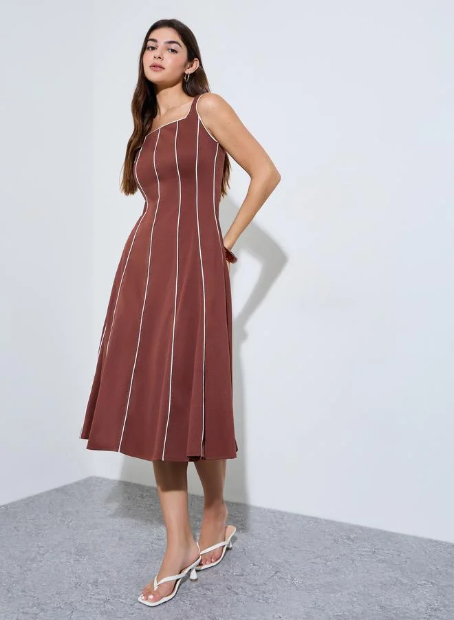 ستايلي Brown Piping Detail Square Neck A-Line Midi Dress